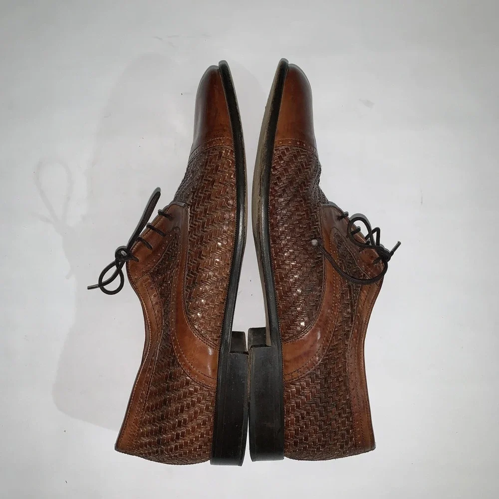 Johnston & Murphy Domani Shoes Mens 10.5 M Brown Woven Cap Toe Derby Dress Italy